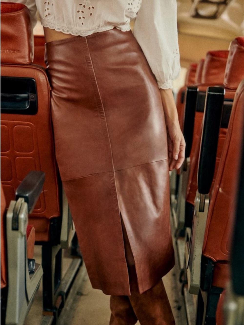 Sézane Eloane Jupe Lamb Leather Midi Pencil Skirt